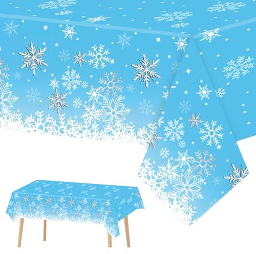 2PCS Christmas Tablecloth,130*220cm Blue Snowflake Xmas Party Table Cover,Disposable Rectangle Christmas Plastic Table Cloth for Christmas Party,Winter Holiday Frozen Party,Christmas Table Decoration