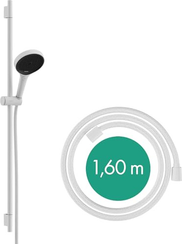 hansgrohe Rainfinity - Duschset, runder Duschkopf mit Brausestange 90cm, Halterung und Designflex Textil Brauseschlauch 160cm, Duschbrause mit 3 Strahlarten, Mattweiß