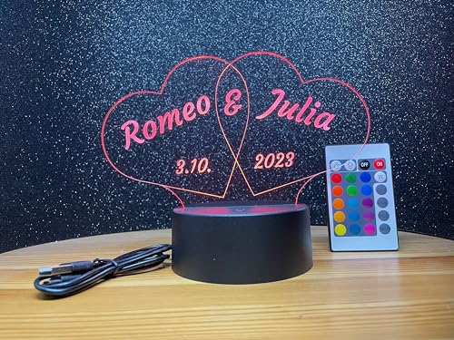 jovalus Personalisierte Herzen Lampe als romantisches Partner Geschenk mit Namens Gravur als Liebesbeweis zum Jahrestag Hochzeit oder Weihnachten als LED Leuchte mit vielen Farben