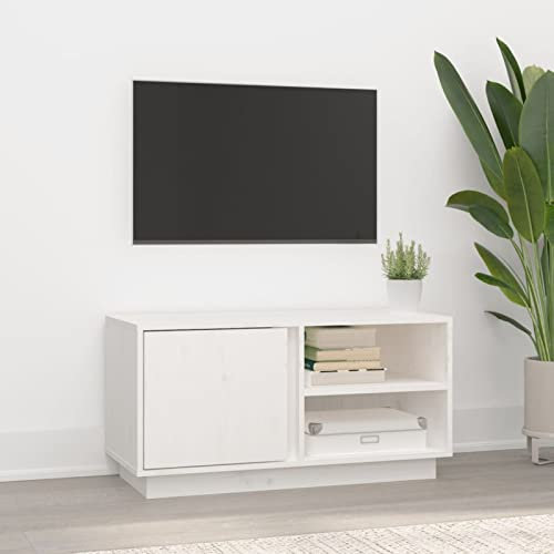 Homgoday Meuble TV en Bois de Pin Massif Blanc avec Grand Espace de Rangement et Fonction d’Affichage