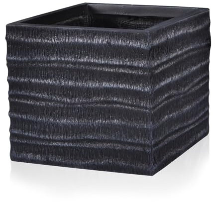 IDEALIST 30cm Square Planter | Ribbed Black Reinforced Stone Flower Box | Garden Planter with Drainage Holes H27 L30.5 W30.5 cm, 17.5 litres