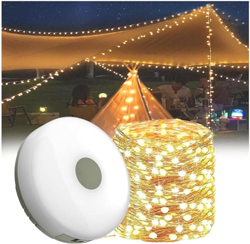 Wasserdichte tragbare verstaubare Lichterkette für den Außenbereich, 2 in 1 LED Lichterkette Außen, Wiederaufladbare Campinglampe, Einziehbare LED Zeltleuchte für Outdoor Camping Hof Dekor (10M, Warm)