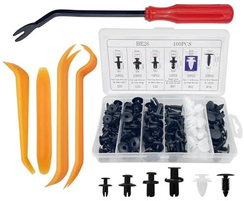 Baxcdyswe 100 Pièces Clips de Fixation Voiture, 6 Taille Rivet Plastique et 4 Coins de Garniture de Voiture Ainsi Qu'Un Outil de Démontage De Fixation, Agrafe Carrosserie pour Auto Voitures Panneaux