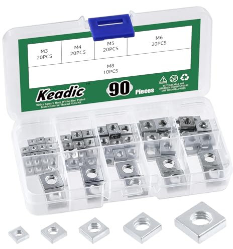 Keadic Set di 90 dadi quadrati zincati bianchi, M3 x 5,5 mm x 2 mm, M4 x 7 mm x 2 mm, M5 x 8 mm x 3 mm, M6 x 10 mm x 3 mm, M8 x 13 mm x 4 mm, filettatura grossa dado per mobili, apparecchi elettrici