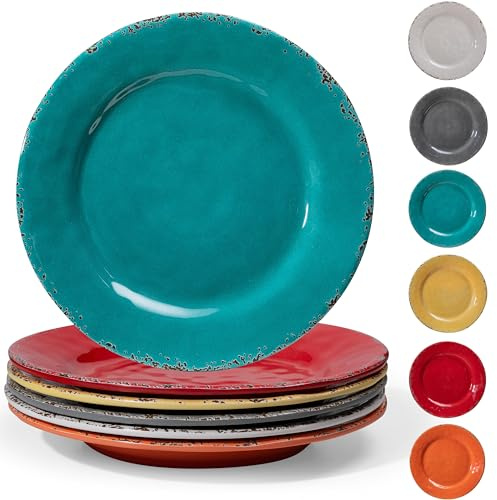 ZAROCRUS Platos rústicos de melamina para cena, juego de 6 platos de melamina de 11 pulgadas, platos grandes de ensalada/postre, juego de platos coloridos irrompibles para servir en interiores y