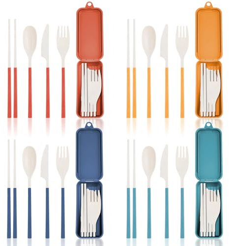 4 Ensemble Couvert Plastique avec étui, Set de Couverts de Voyage en Plastique, Couvert Camping Portables pour Lunch Box, Pique Nique et Voyage