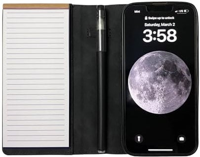 MOJO Notepad Phone Case for iPhone 15 Pro - Folding Wallet Phone Case with Mini Pen and Note Pad (Black)
