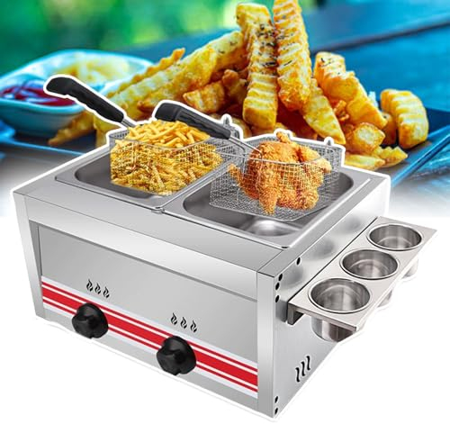 pedenencelia 20l Stainless Steel Chip Fryers,Commercial Deep Fryer With Double Basket & Lid-Easy Clean&Independent Knob,For Kitchen Restaurant Home Use