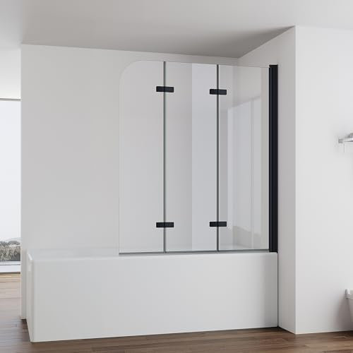 IMPTS Duschwand für Badewanne 140x140cm Schwarz, Faltwand Duschfaltwand 3 teilig Faltbar Badewannenaufsatz Duschtrennwand Badewannenwand Glas mit 6mm Nano Sicherheitsglas