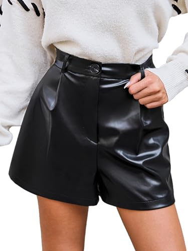 CUPSHE Damen Leder Shorts, Sexy Kunstleder Kurze Hose High Waist Hotpants mit Tasche, Schwarz, M