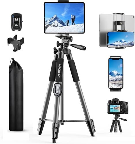 Trípode para iPad iPhone Cámara, MACTREM 165 cm Tripode Cámara de Movil con Remoto Bluetooth para Tableta Smartphone/Huawei/Samsung, GoPro, Nikon, Sony -Gris