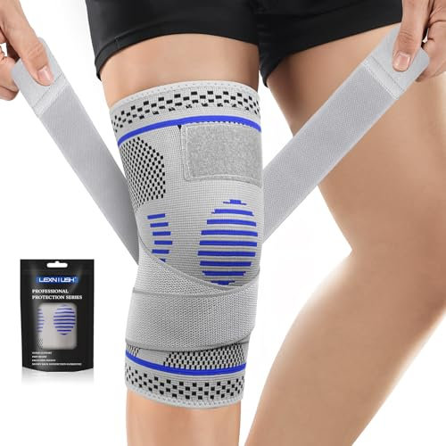 Rodillera para mujeres/hombres, rodillera de compresión ajustable con correas, rodillera médica para desgarro de menisco, artritis, alivio del dolor de rodilla, ACL, correr, deporte (gris, M)