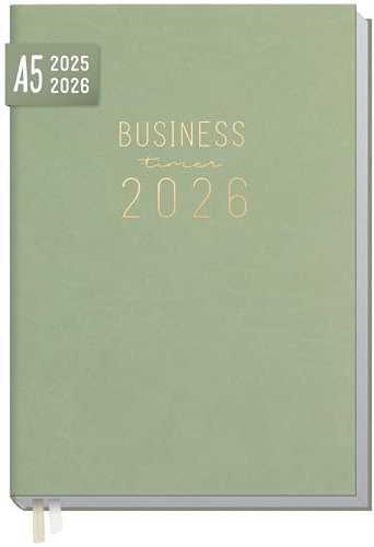 Häfft® Business-Timer Terminplaner 2025/2026 A5 Taschenkalender mit Kunstleder-Einband für 18 Monate: Juli 2025 bis Dez. 2026 Salbei - nachhaltig & klimafreundlich