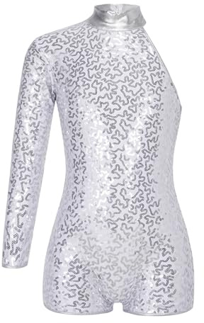 Miaeowve Traje de ballet para niños y niñas, cuello alto, body de baile, una manga, maillot de baile, lentejuelas, leotardo con piernas, traje de baile, plata 146-152