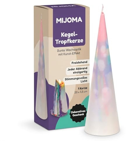 MIJOMA Kegel-Tropfkerze 20 x 5,5 cm – farbige Wachsoptik für stimmungsvolle Deko – freistehende Kerze für Dinner, Tischdeko und besondere Abende