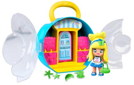 Pinypon Fairy Tales mit Tasche, Blaue Handtasche mit Griff, Alice Wonderland Figur, Garderobe zur Aufbewahrung von Accessoires und Kleidung, inkl. 3 kleine Accessoires, Famosa (PNY82300)