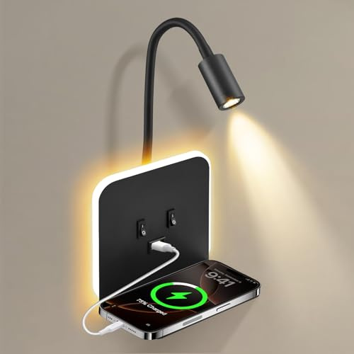Applique Murale Intérieure LED, Liseuse de chevet LED avec Interrupteur Port USB, Plateau, 360°Réglable Applique Murale Lampe de Lecture de Chevet, Cou Flexible Lampe de Lecture, Lumières Murale(A)