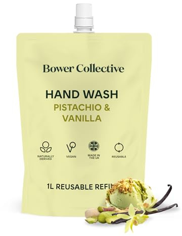 Bower Collective Natural Antibacterial Liquid Hand Soap Refill, Pistachio & Vanilla Handwash Refill, Eco-Friendly Soap, No Nut Derivatives, 1 Litre, 300+ Washes