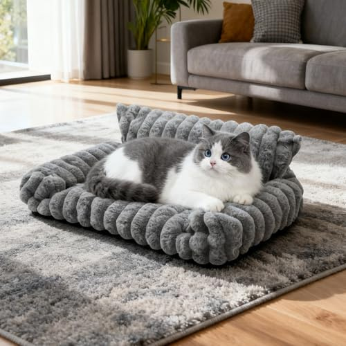 Strixorn Panier pour Chien et Chat Lavable - Canapé Moelleux pour Animaux - Coussin Doux avec Dossier (60x45x20cm) - Gris avec Housse Amovible, Antidérapant