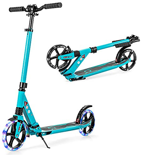 GOPLUS Klappbarer Roller, Scooter mit Stoßdämpfersystem, Tretroller höhenverstellbar, 200 mm Große Räder mit LED, Cityroller bis 100 kg, ab 8 Jahren (Grün)