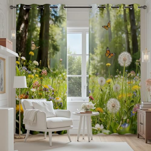 Blumenwiese Thermovorhang 225x140 cm, Bunt Wildblumen Schmetterling | Gardinen 2er Set mit Ösen, Natur Pflanzen Floral Verdunklungsvorhänge Schlafzimmer Blickdicht Curtain Wohnzimmer