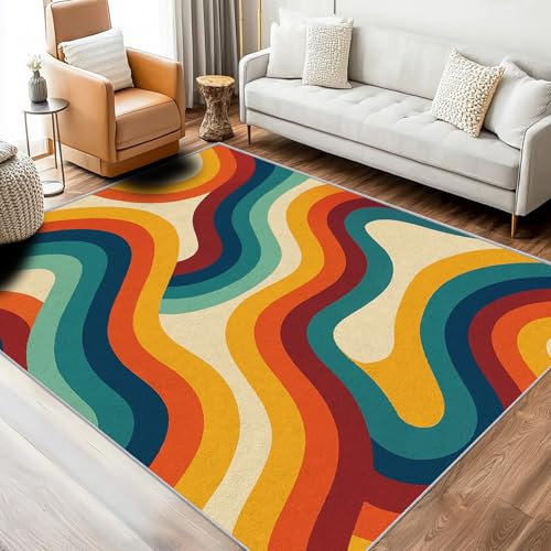 Generisch Retro 70er Teppich 120 x 160 cm Wohnzimmer Mit Gestreift Bunte Textured Abstrakt Vintage Muster, Retro 70er Bettvorleger Schlafzimmer Deko, Waschbar Teppiche Gegend Kurzflor rutschfest