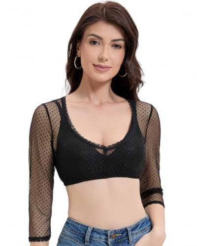 Trachtland Dirndl Bluse Damen Langarm Trachtenbluse Oktoberfest Elegant Transparent mit V Ausschnitt Schwarz Größe 34-44 (DE/NL/SE/PL, Numerisch, 36, Regular, Regular, Schwarz)