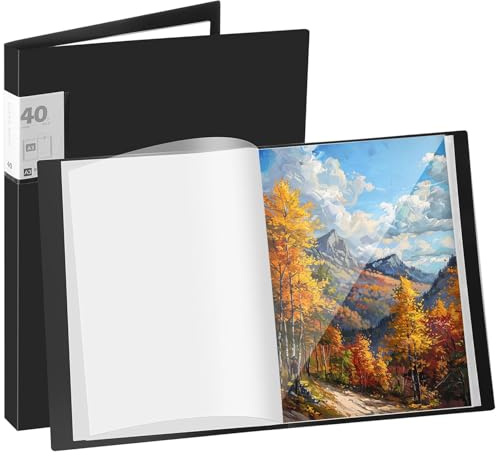 A3 Display Folder with Clear Plastic Sleeves, A3 Art Folder for Painting Artwork Portfolio, 40 Pocket Presentation Folders Document Project Folders for School and Offices(Black)