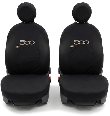 Auto Accessori Lupex - Coppia Coprisedili Anteriori Compatibili con 500, Fodere in Policotone con Ricamo Centrale, Set 6 Pezzi e Ganci, Made in Italy (Nero)