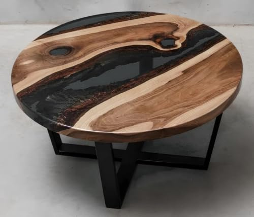 Runder Couchtisch aus massivem Nussbaumholz mit Epoxidharz-Einlage, handgefertigt, Tischplatte mit naturbelassenen Kanten, schwarze Metallbeine, Design-Couchtisch, Beistelltisch (Schwarz, 75 cm)