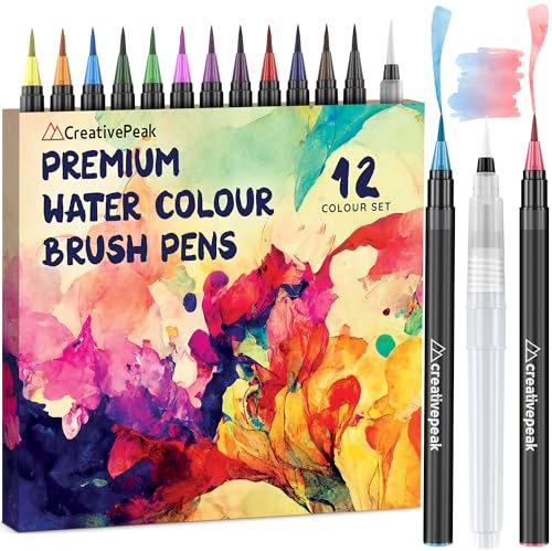 Creativepeak Aquarell-Pinselstifte, 12 lebendige Farbmarker mit weicher Spitze und Mischpinsel, Aquarell-Pinselstift-Set für Kalligraphie und Beschriftung