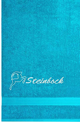 Lashuma Linz Saunalaken mit Tierzeichen Steinbock Stickerei, Strandtuch 70x200cm, Handtuch Aquamarin Blau