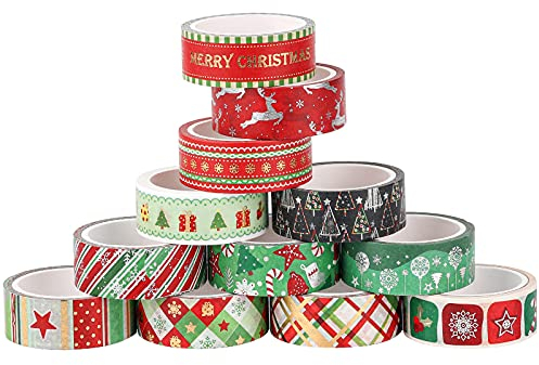 AIEX 12 Teiliges Weihnachten Washi Tape Set für Kinder Diy Basteln, Dickes Washi Tape Mit Gold Textur Design Geschenkpapier Klebeband Weihnachten Scrapbooking Planer Bürobedarf (1,5cm x 5m)
