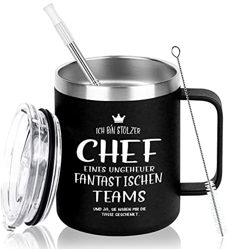 Livole Chef Geschenke, Geschenke für den Chef, Männer, Freunde - Ich Bin Stolzer Chef Eines Ungeheuer Fantastischen Teams - Chef Tasse, 350 ml Edelstahl Kaffetasse, 12oz Camping Becher to go, Schwarz