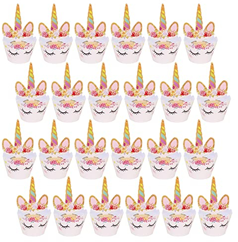 Lahviuu Cupcake Topper Wrapper,24 Set Unicorn Cupcake Toppers Cupcake Wraps Decoracion Tarta Unicornio,para Party Supplies Cake Decorations Niños Niñas Regalo de Fiesta de Cumpleaños