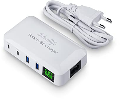 Ladestation mit Schalter, 70W 4 Ports PD20W QC3.0 Schnellladegerät, Desktop-Ladegerät für Handy, Kompatibel mit iPhone, ipad, Samsung, Weiß