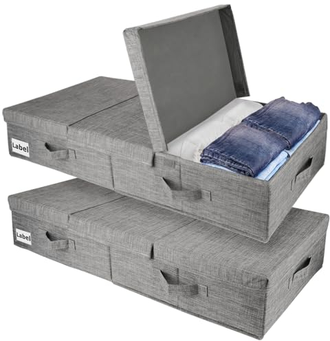 CYEER 2 Pack Under Bed Storage Box with Lid, Foldable Underbed Storage Boxes with Lids, Large Under Bed Storage Organiser Drawer W/4 Handle for Clothes Blankets Toy Dolls-Grey
