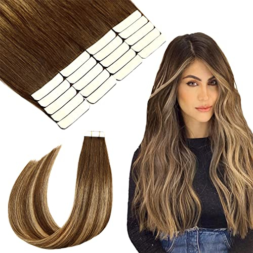 SURNEL Tape Extensions Echthaar Balayage Farbe 4-27-4 Mittelbraun Verblassen zu Honigblond und Mittelbraun Tape in Extensions 20 Stück 16 Zoll 50 Gramm(tape#4/27/4-40cm)