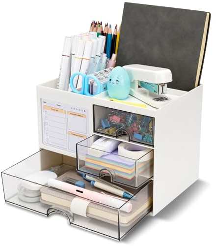 RISEMART Desk Organiser with 3 Drawers, Desk Tidy Organiser with Pen Holder, Large Capacity Desktop Organizer Stationery Storage Box for School Office Home Makeup Desk Supplies (White)