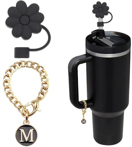 Stanley Cup Accessories, 1pc Flower Stanley Straw Cover Silicone Straw Topper for Stanley 30&40 oz Tumbler with Handle and 1pc Initial Letter Charm for Stanley Cup (Letter M)