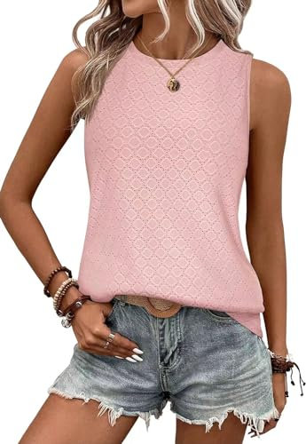 EIRUKON Femmes Débardeur Été Haut Chic Col Rond Décontracté T-Shirts sans Manches Chemises Printemps Tank Tops,Rose,XL