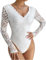 SHEKINI Damen Body Spitzen Bodysuit Durchsichtig Oberteil Langarm Spitzenbody Schmal T-Shirt Elegant Shapewear Bodys mit Bogenkante V-Ausschnitt