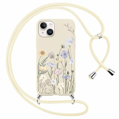 Yoedge Handykette Handyhülle für iPhone 13 Mini 5,4 Hülle mit Band, Aesthetic Blumen Muster Case mit Einstellbar zum Umhängen Kordel, Weich TPU Silikon Stoßfest Schutzhülle für iPhone 13 Mini, Beige1
