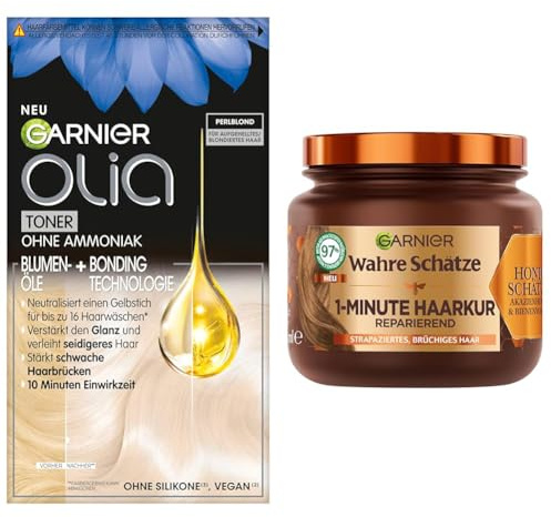 Garnier Colorations- & Pflegeset: Olia 10.2 Perlblond Toner gegen Gelbstich + Wahre Schätze Reparatur-Kur (340ml) - Für Blondiertes Haar, Strähnen & Ombré - Anti-Gelbstich Intensivtönung & Haarkur