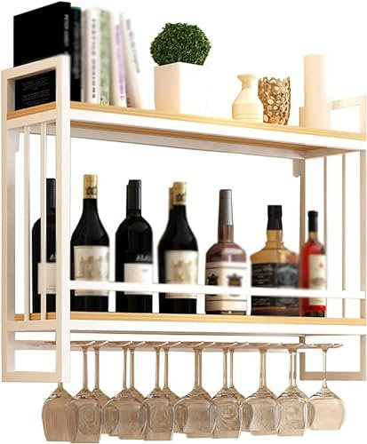 Portabottiglie industriale da parete con portabicchieri, portabottiglie da appendere in metallo, accessori per il vino, 2 ripiani portabottiglie da parete portabicchieri, mensole in legno mensola da