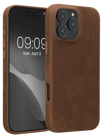 kalibri Case Compatible with Apple iPhone 16 Pro Max - Case Smooth Genuine Leather Hard Case Anti Slip Cover - Brown