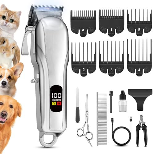 Emwel Professional Dog Clippers for Thick Hair, Low Noise Grooming Nail Kits with Stainless Steel Blade,Cordless Dog Grooming Clippers with 6 Guide Combs for Pets and Animals