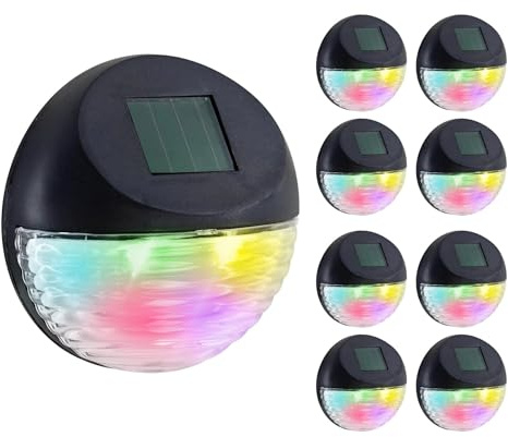 GEEZY Multicoloured Solar Fence Lights Set of 8 – RGB Colour Changing LED, Black, Auto On/Off Dusk-to-Dawn, Water & Weather Resistant – Solar Lights Outdoor Garden for Walls, Fences, Decks