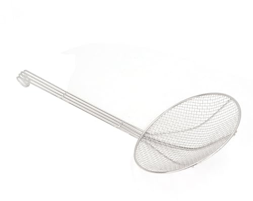 WPKD BLUEIY Cucchiaio per schiumarola, manico lungo, in acciaio inox, a maglia fine, con gancio, per cucinare e friggere, 24 cm, schiumarola da cucina