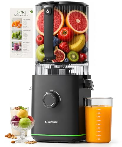 AMZCHEF Cold Press Juicer, 160mm Wide Feed Chute Juicer Machines with 2.5L Hopper, 3-in-1 Juicer for Whole Fruits & Vegetables, Nut Milk & Sorbet, Easy to Clean, Fresh Juice for Family Mornings
